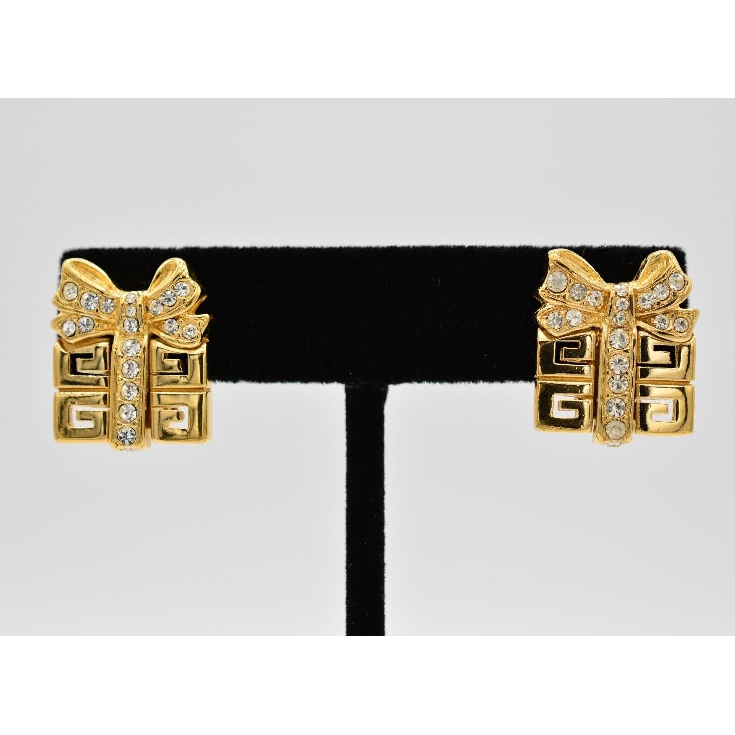 Givenchy Vintage Logo Clip On Earrings 4g Holiday Box Crystal Gold Signed Binag